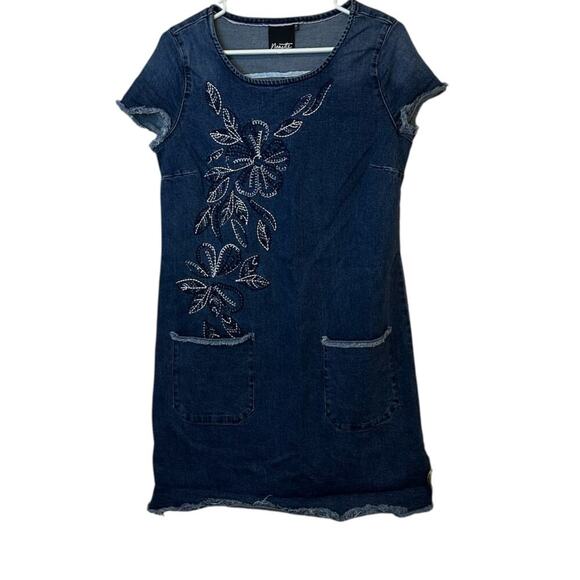 Nanette Lepore Embroidered Floral Denim Dress Size M Pockets Frayed - Picture 1 of 8